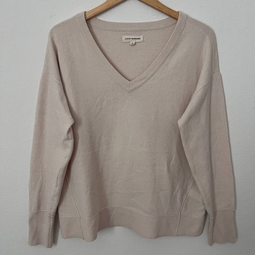 Lucky Brand Long Sleeve V-Neck Cream Beige Pullover Sweater Women's Size M